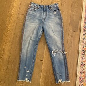 Abercrombie & Fitch light wash jeans with red stripe down side, size 27/4